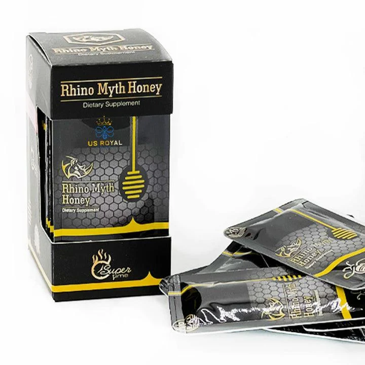 Rhino Myth Honey Black VIP dietary supplement 12 sachets front view packaging displaying individual sachets